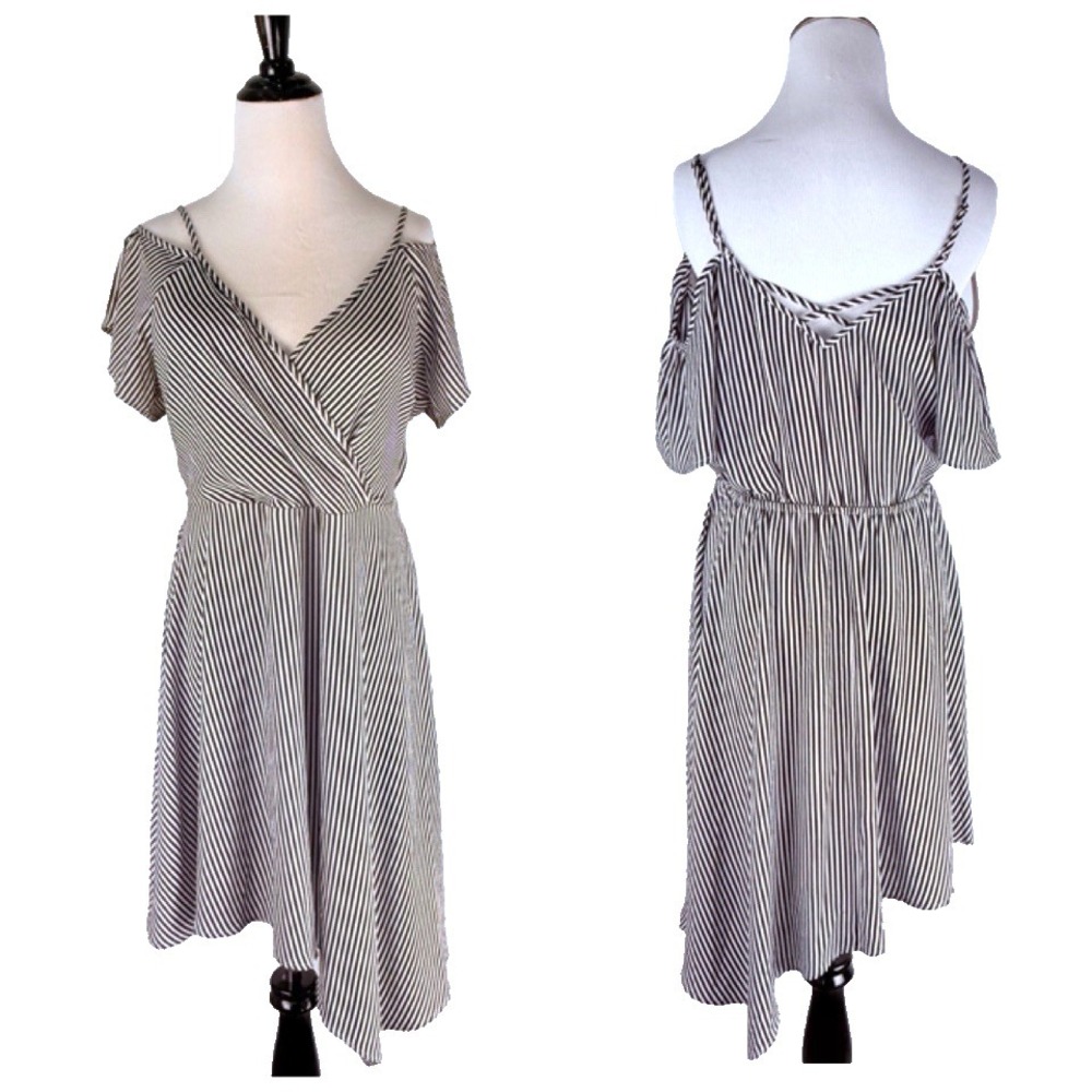 Maurices Faux Wrap Sun Dress Women L 12 Black White Stripe A Line Asymmetric Hem